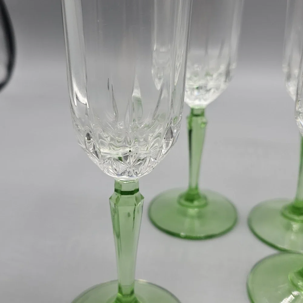 Vintage 90's St George Crystal Glendale Champagne Flutes Set Of 4 Green Stem